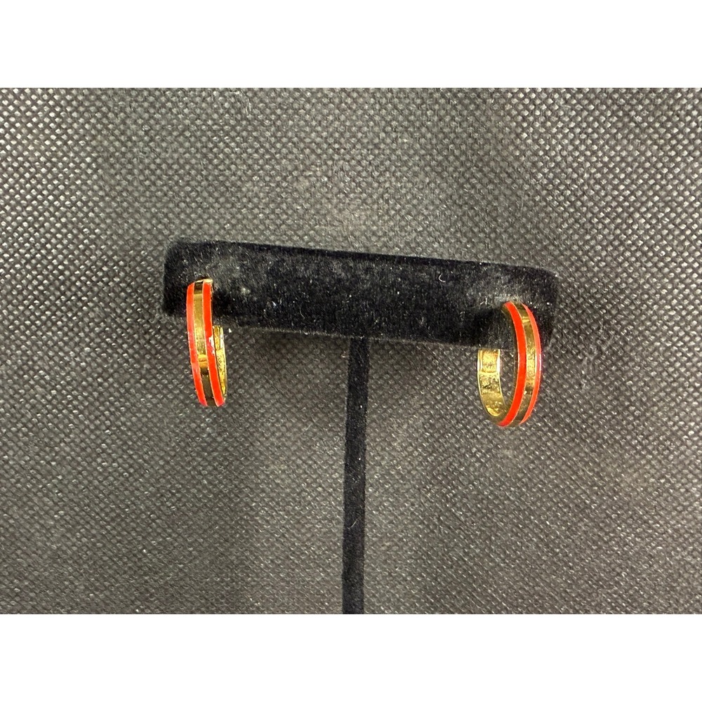 Trifari Gold & Red Enamel Hoop Clip‑On Earrings Classic Vintage Statement Hoops